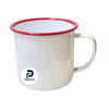 Taza con capacidad de 11 oz, color blanco, borde rojo y material peltre