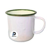 Taza con capacidad de 11 oz, color blanco, borde verde y material peltre