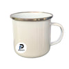Taza con capacidad de 11 oz, color blanco, borde acero y material peltre