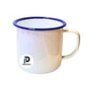 Taza con capacidad de 11 oz, color blanco, borde azul y material peltre