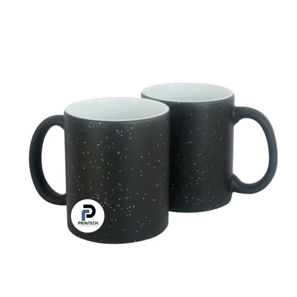 Taza con capacidad de 11 oz, color negro glitter, tipo mágica y inner blanco