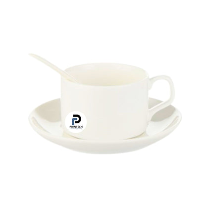 Taza con capacidad de 5 oz, color blanco, accesorio cucharita y plato y material cerámica