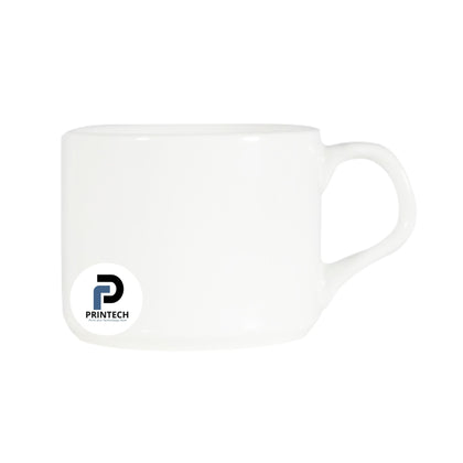 Taza con capacidad de 6 oz, color blanco, forma cilindrica y material cerámica